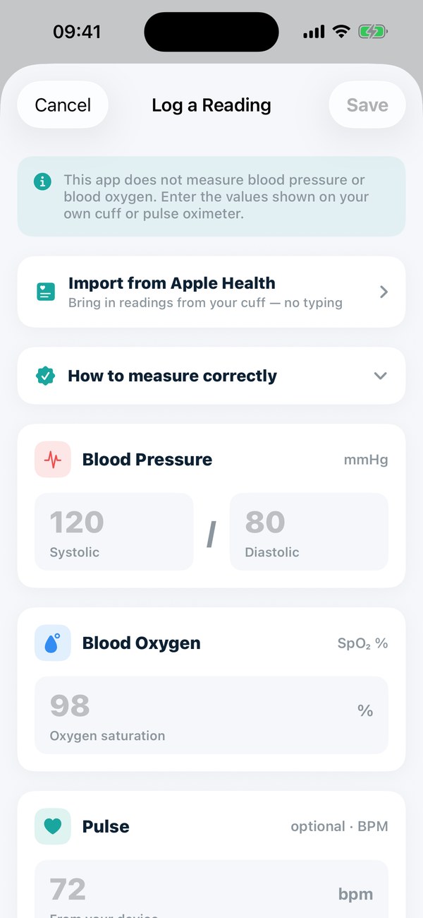Logging blood pressure and blood oxygen, or importing them from Apple Health — the app never fakes BP with the camera.