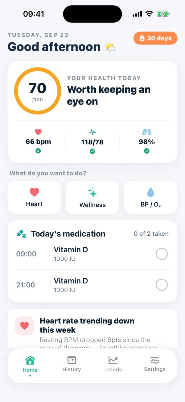 Heart Rate & Thermometer home screen showing today's health status: 66 bpm heart rate, 118/78 blood pressure, 98% blood oxygen, and medication reminders.
