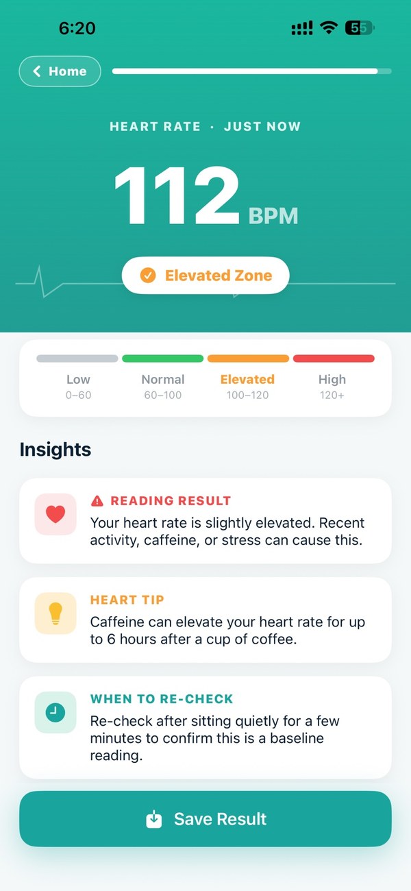 Measuring heart rate with the iPhone camera — a 112 BPM reading with its zone and a plain-language insight.