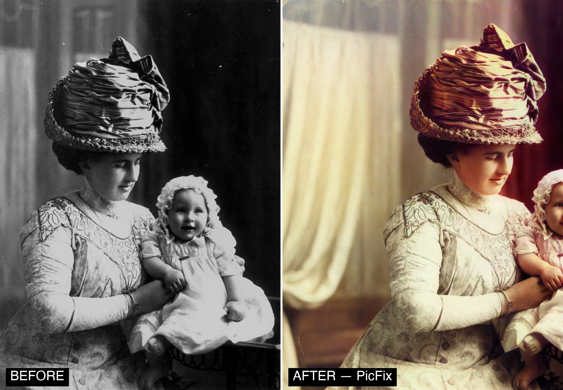 Old faded family photo restored and colorized with PicFix