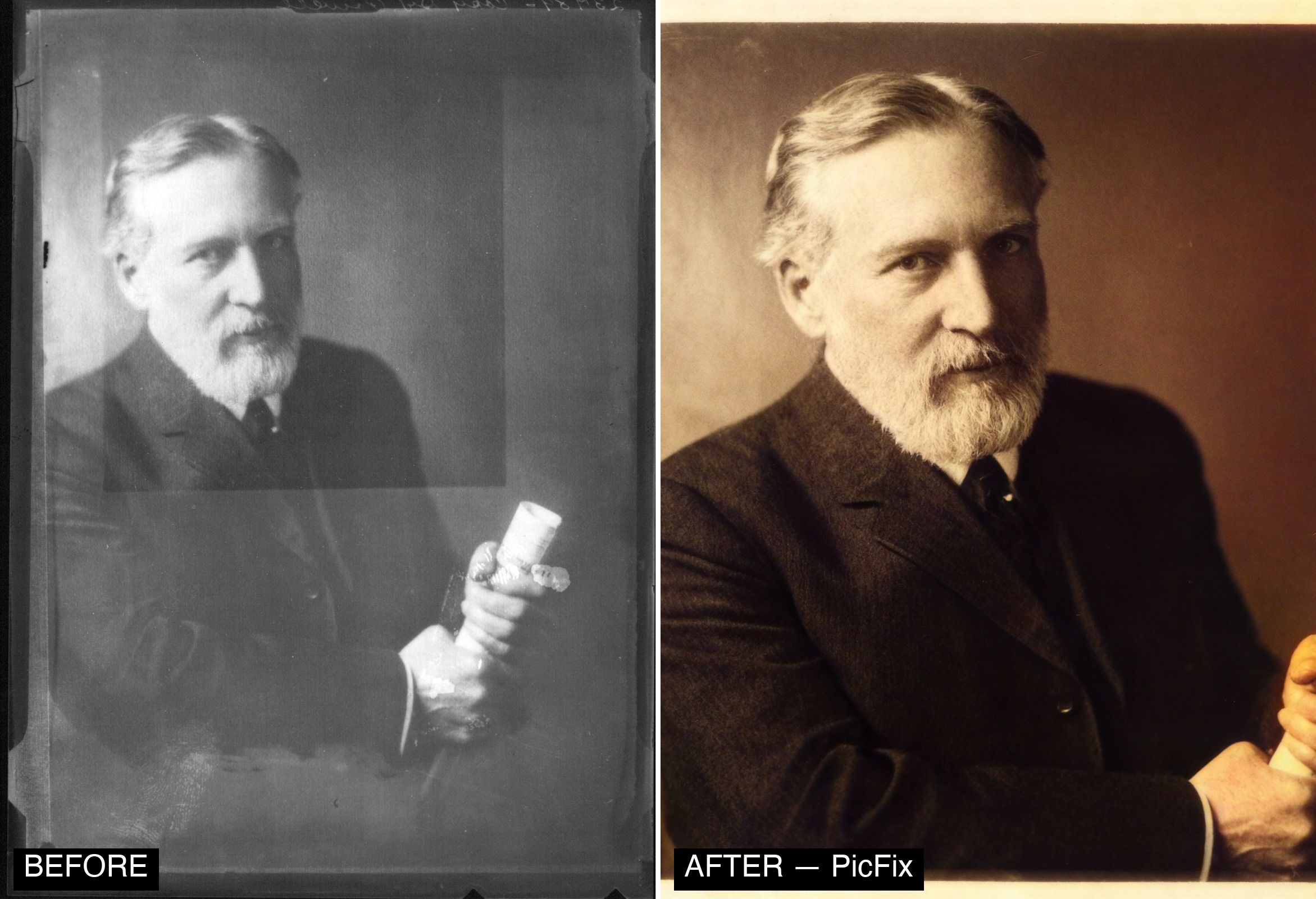 Before and after: a damaged, scratched family photo repaired with PicFix on iPhone